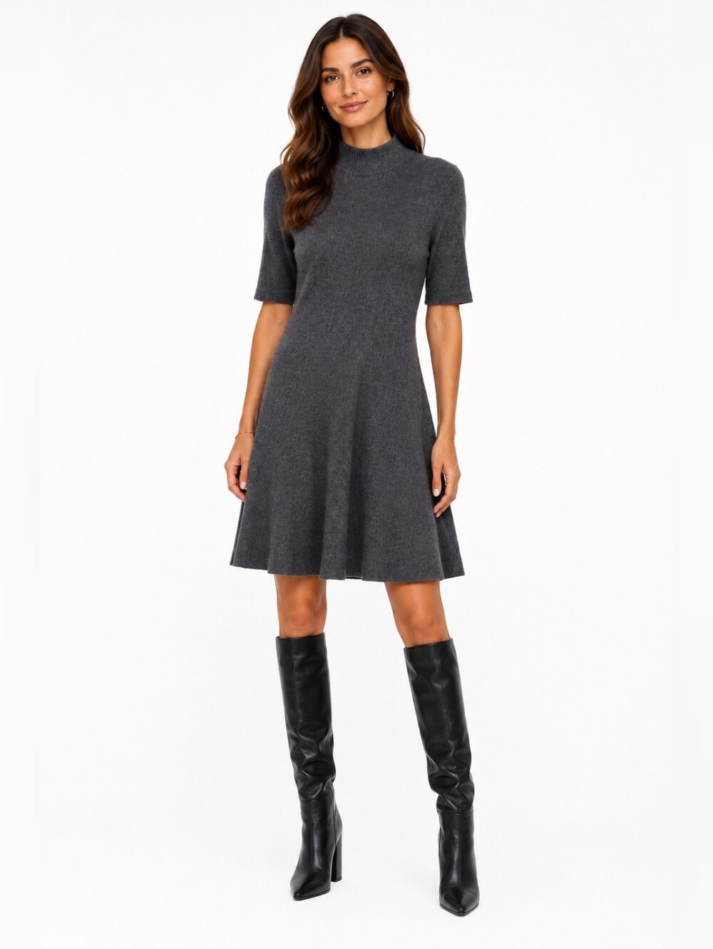 White + Warren Cashmere Sweater Dress Mock Neck Short Sleeve Ribbed Knit Gray
